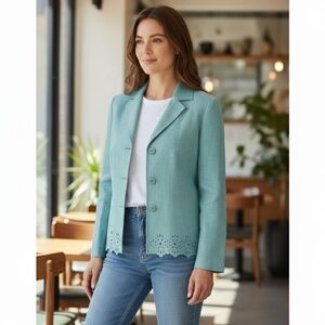 Jan Leslie Blazer with Cutout Hem, Sky Blue, Size 10